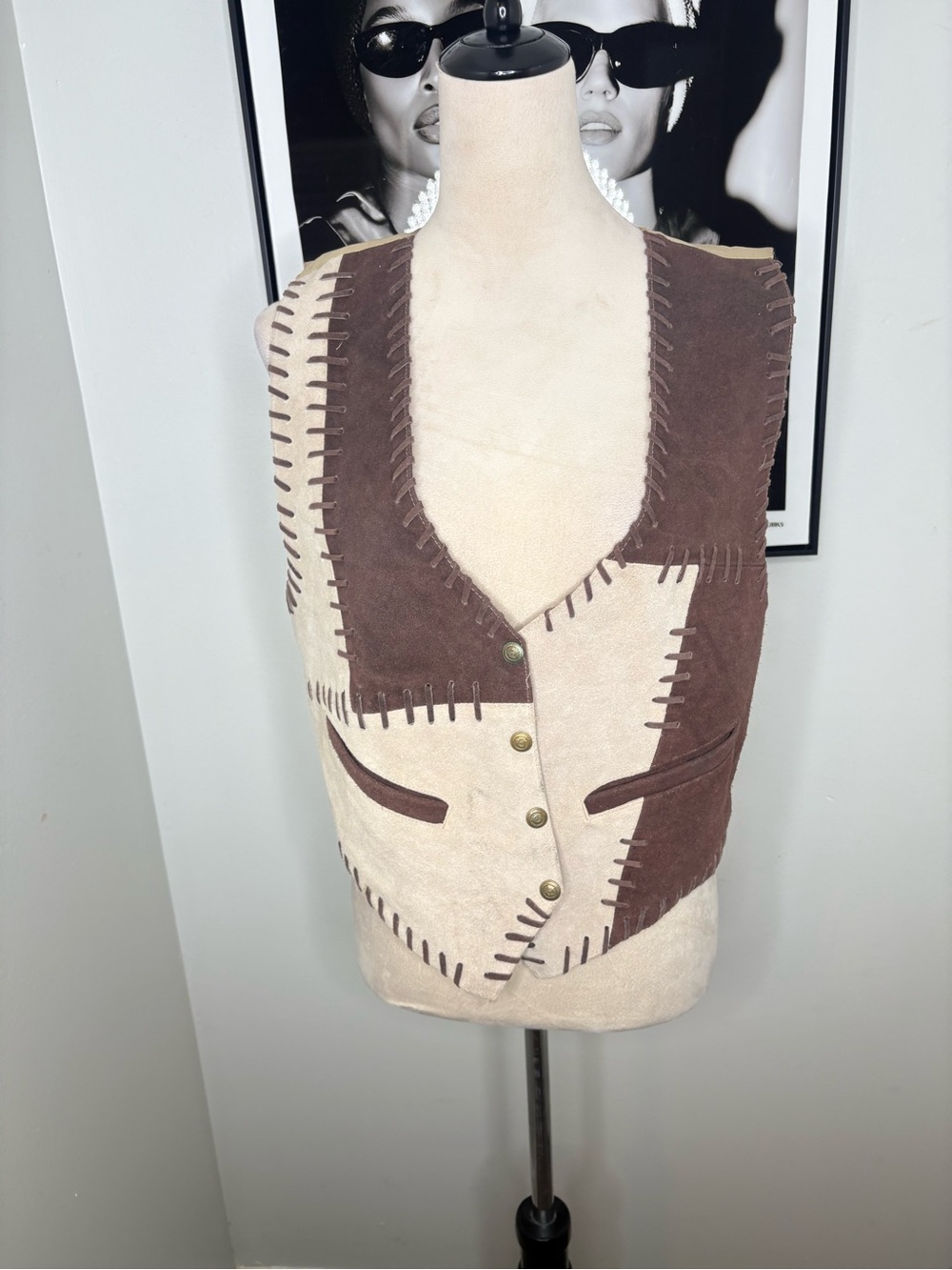 Suede Patchwork Vest in Brown and Cream
